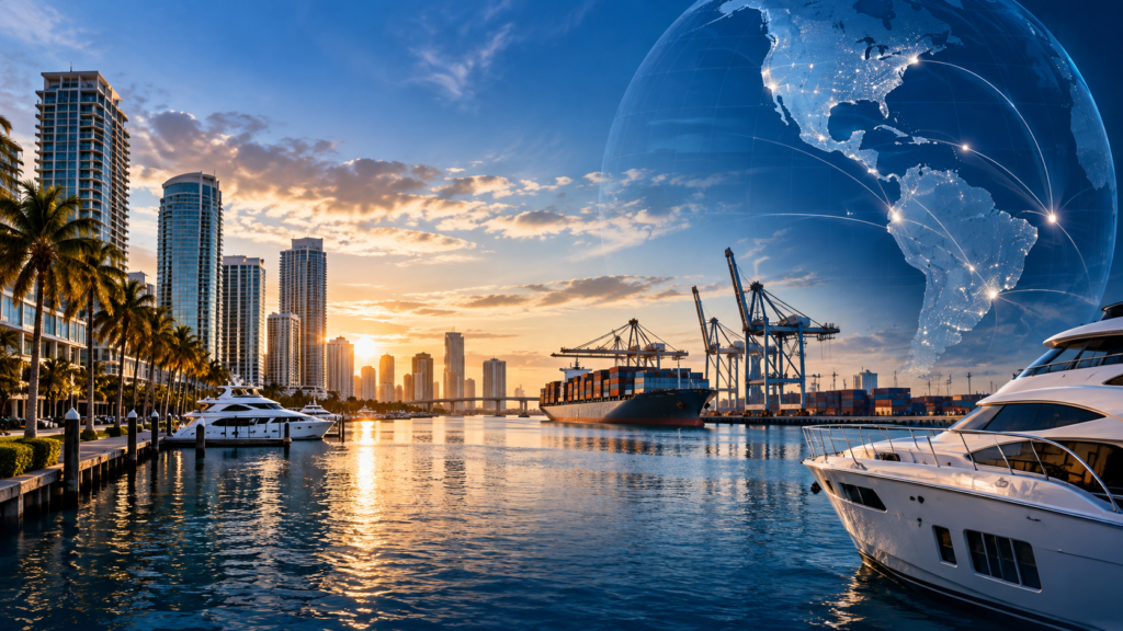 Yachts, harbor, and city skyline at sunset