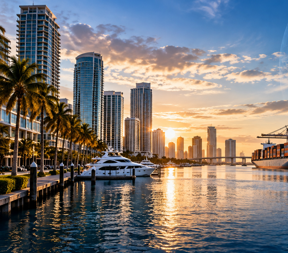 Yachts and coastal skyline at sunset